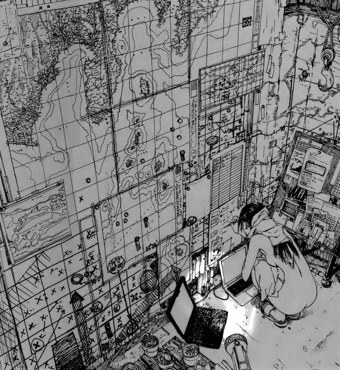A black-and-white ink illustration depicting a person in a hoodie sitting at a desk with a laptop, surrounded by walls covered in maps, charts, and notes. The scene is rendered in a detailed, sketch-like style typical of manga or graphic novels.