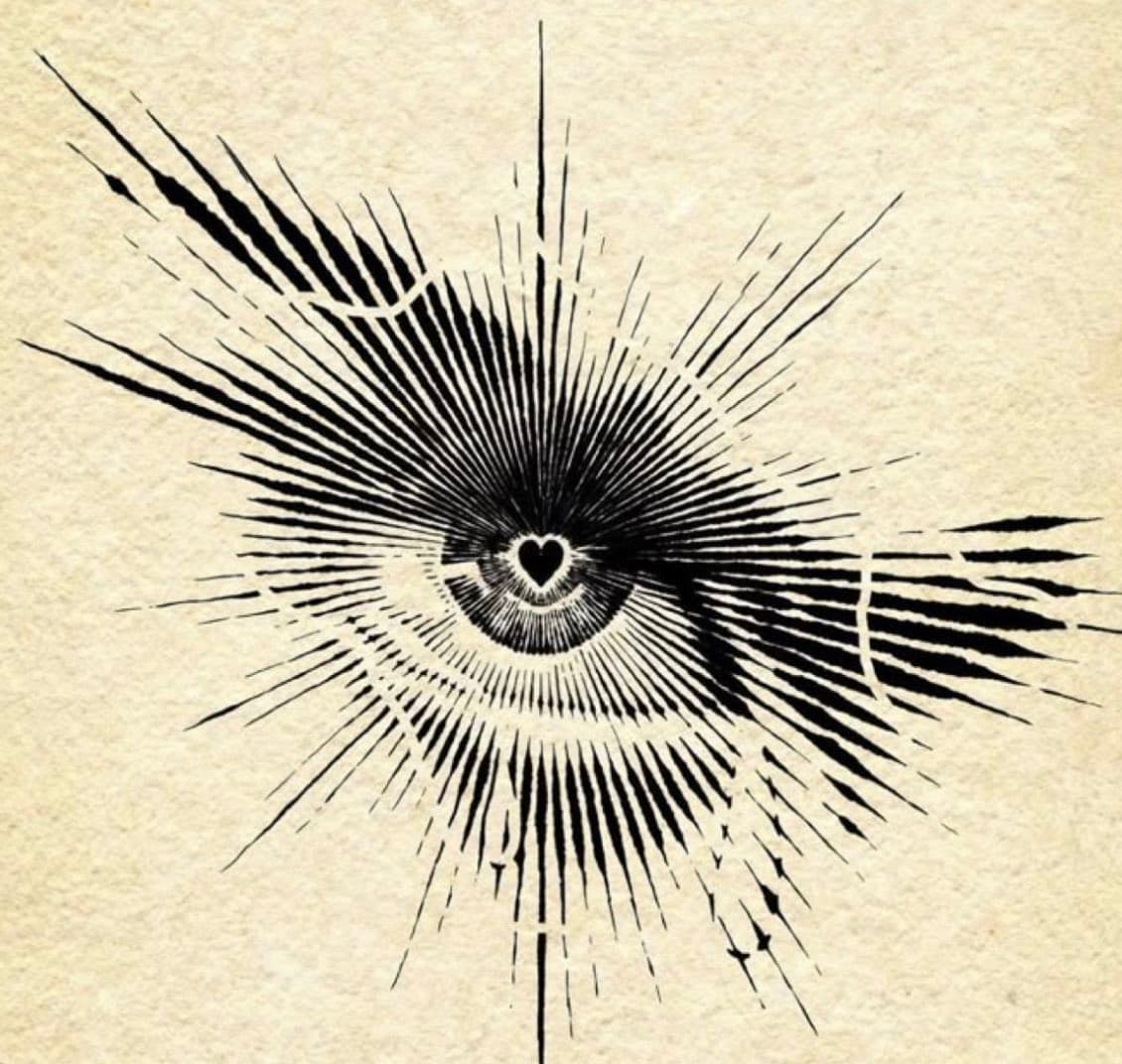 A black-and-white illustration on a textured, beige background depicting a stylized eye with a heart-shaped pupil. Radiating lines extend outward from the eye, creating a sunburst effect.
