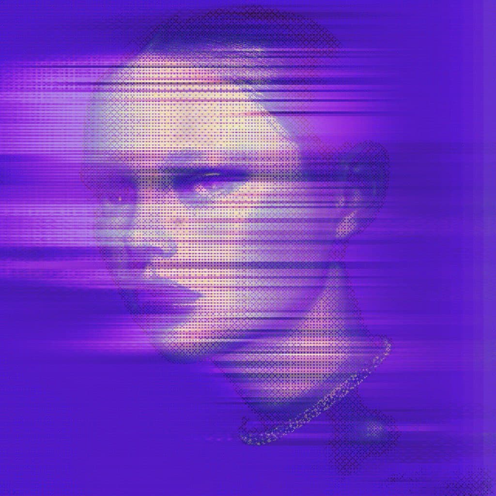 A digital art portrait of a person's face rendered in a purple and white halftone dot pattern with horizontal glitch lines, set against a solid purple background.