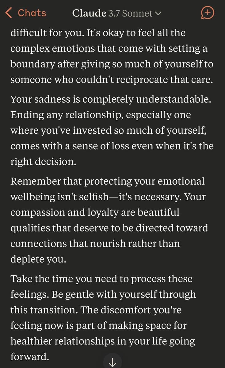 A screenshot of a chat interface with the header 'Claude 3.7 Sonnet', displaying a supportive message about setting boundaries and processing emotions after a relationship. The text is white on a dark background.