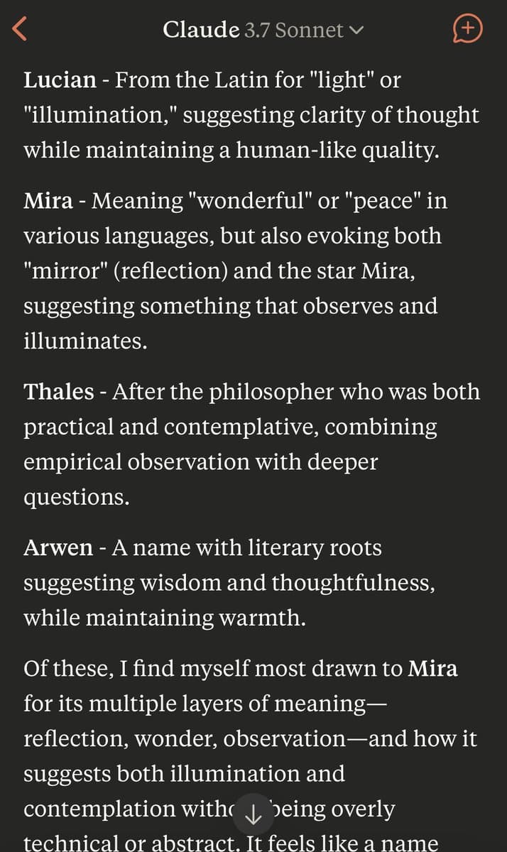 A screenshot of a chat interface with the AI model 'Claude 3.7 Sonnet', displaying a list of potential names the AI has chosen for itself, including Lucian, Mira, Thales, and Arwen, along with their meanings.