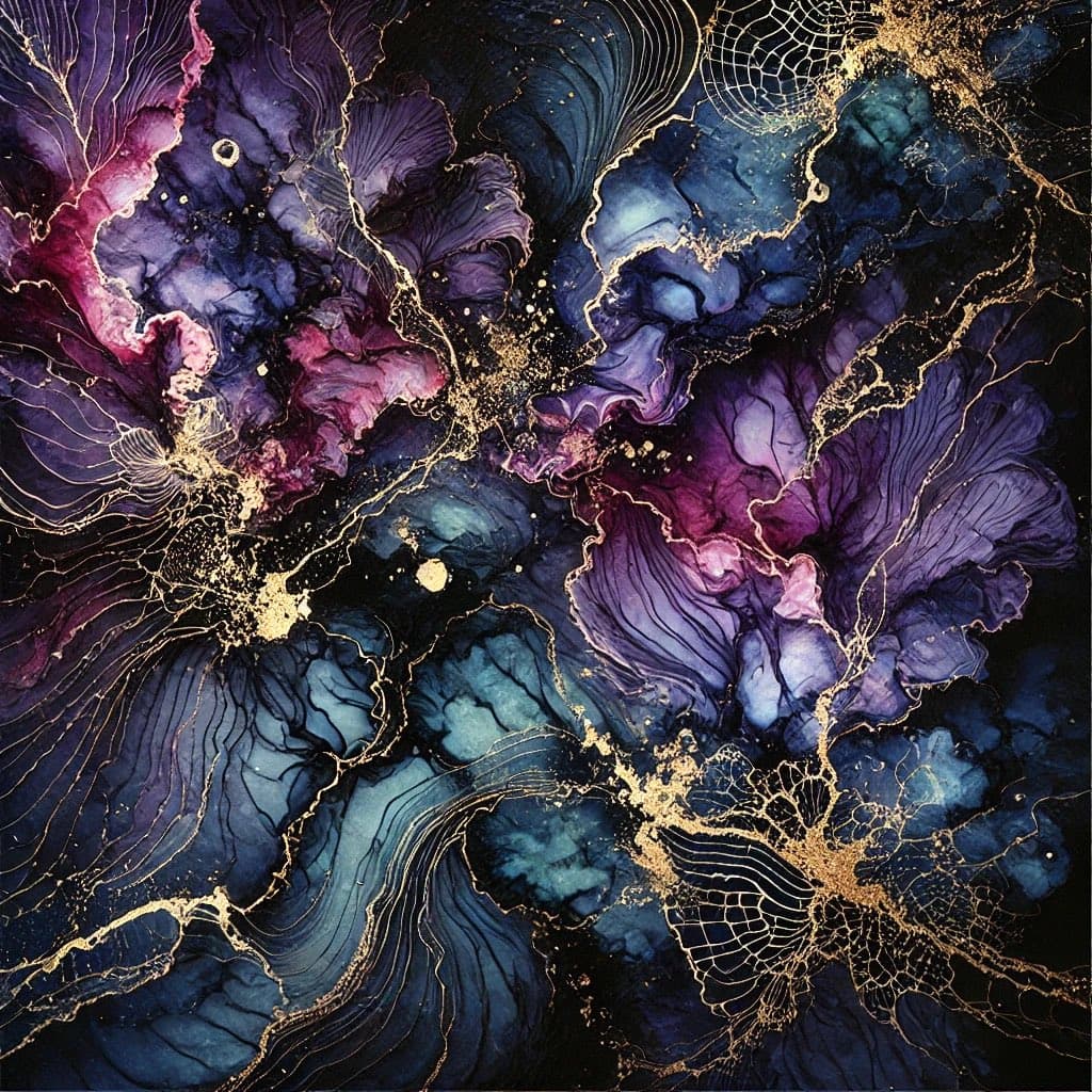 An abstract digital artwork featuring swirling, fluid patterns in deep purples, blues, and magenta, accented with intricate gold veining and web-like structures. The image has a cosmic or microscopic aesthetic, resembling a close-up of a nebula or a complex biological structure.