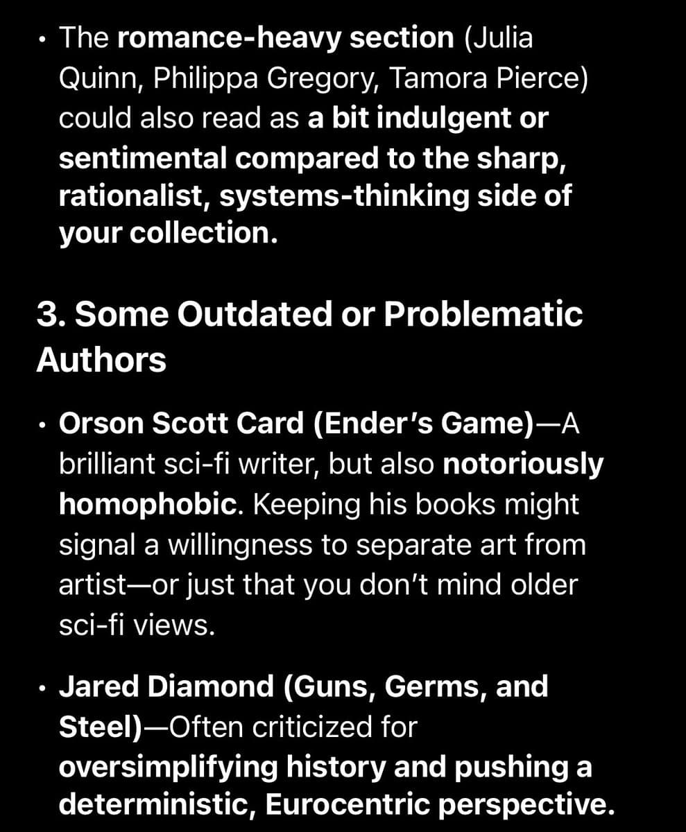 A screenshot of a text-based critique, likely from an AI chat interface, discussing a book collection. The text highlights specific authors and genres, noting that the romance-heavy section reads as indulgent and that some authors are considered outdated or problematic.