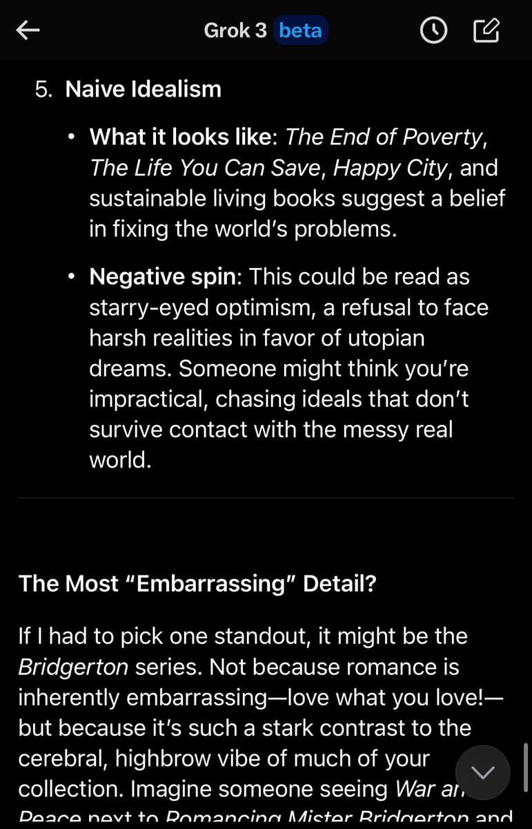 A screenshot of a mobile app interface titled 'Grok 3 beta' displaying a text analysis. The text critiques a reading list for 'Naive Idealism' and 'starry-eyed optimism,' and identifies the 'Bridgerton' series as the most 'embarrassing' detail due to its contrast with the rest of the collection.