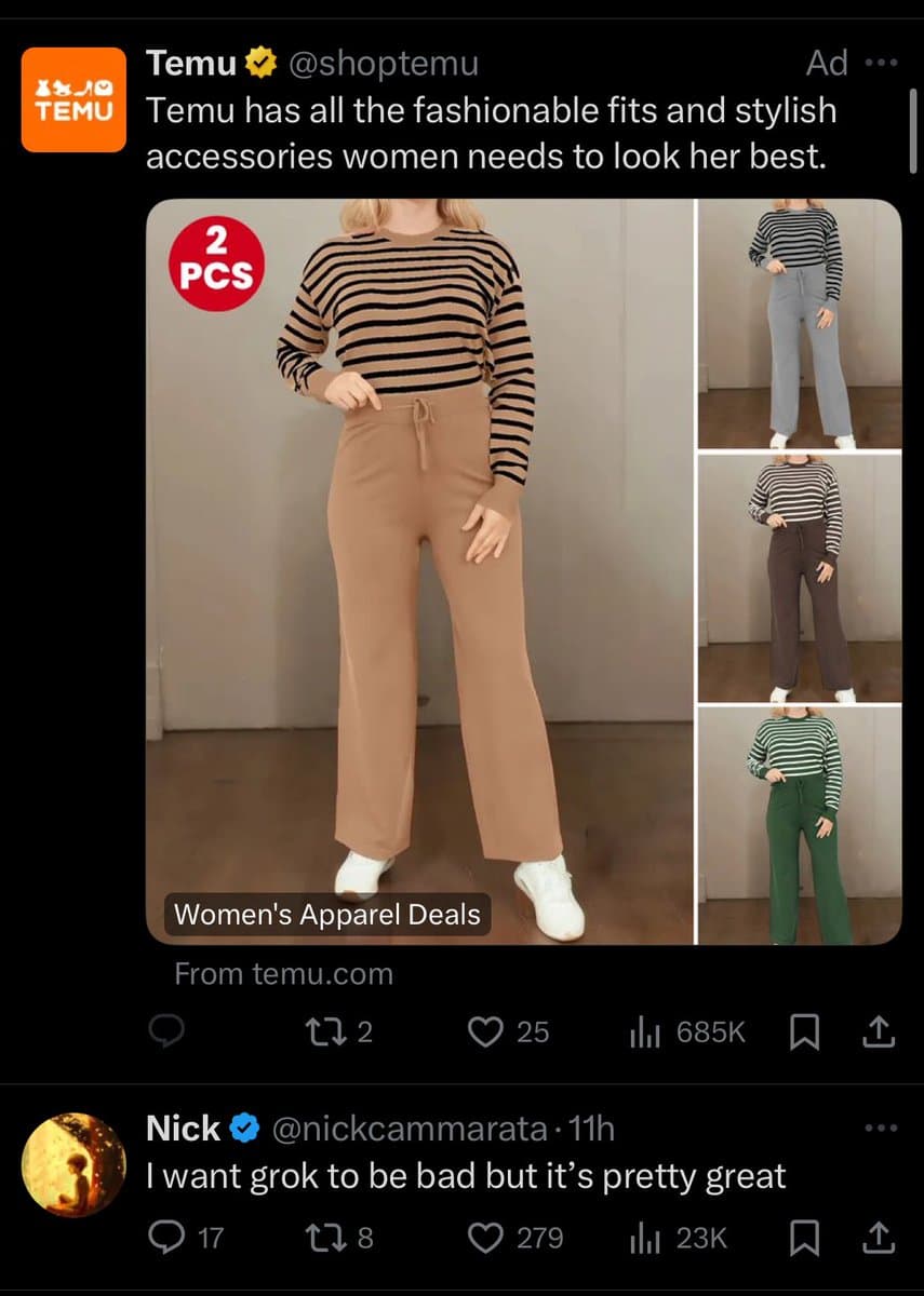 A screenshot of a Twitter thread showing a Temu advertisement for women's apparel, followed by a reply from user Nick. The ad features a model in a striped top and pants, with a '2 PCS' badge and a 'Women's Apparel Deals' label.