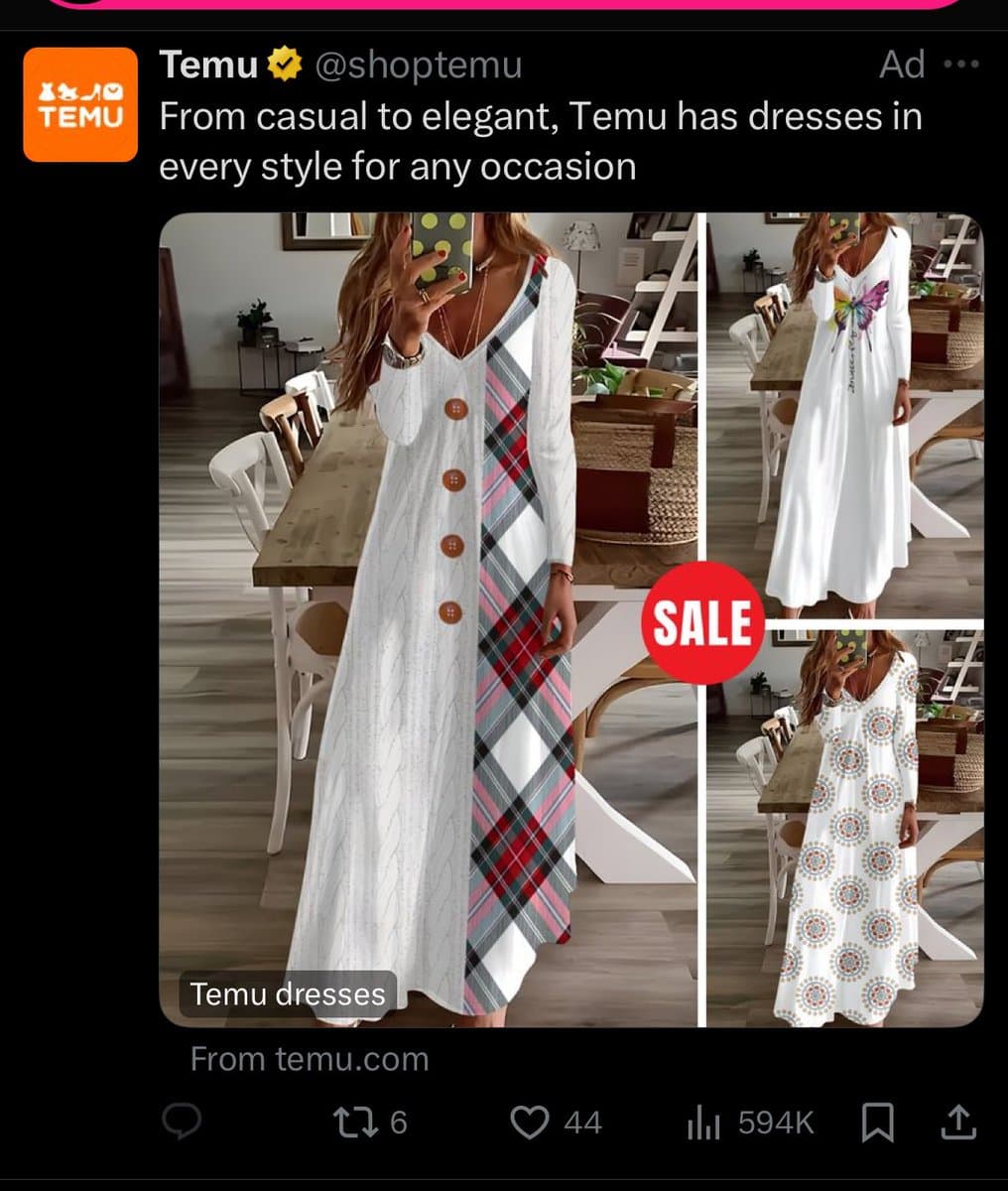 A screenshot of a Twitter ad from the account @shoptemu, featuring a collage of three photos of a woman modeling different long dresses. The ad includes a red 'SALE' badge and a 'Temu dresses' label.
