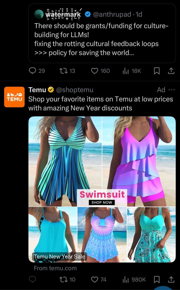 A screenshot of a Twitter feed showing a tweet by user @anthrupad about LLM funding, followed by a sponsored advertisement from Temu. The ad features a collage of five women on a beach wearing colorful swimsuits, with text overlays promoting a 'New Year Sale' and a 'Swimsuit SHOP NOW' button.