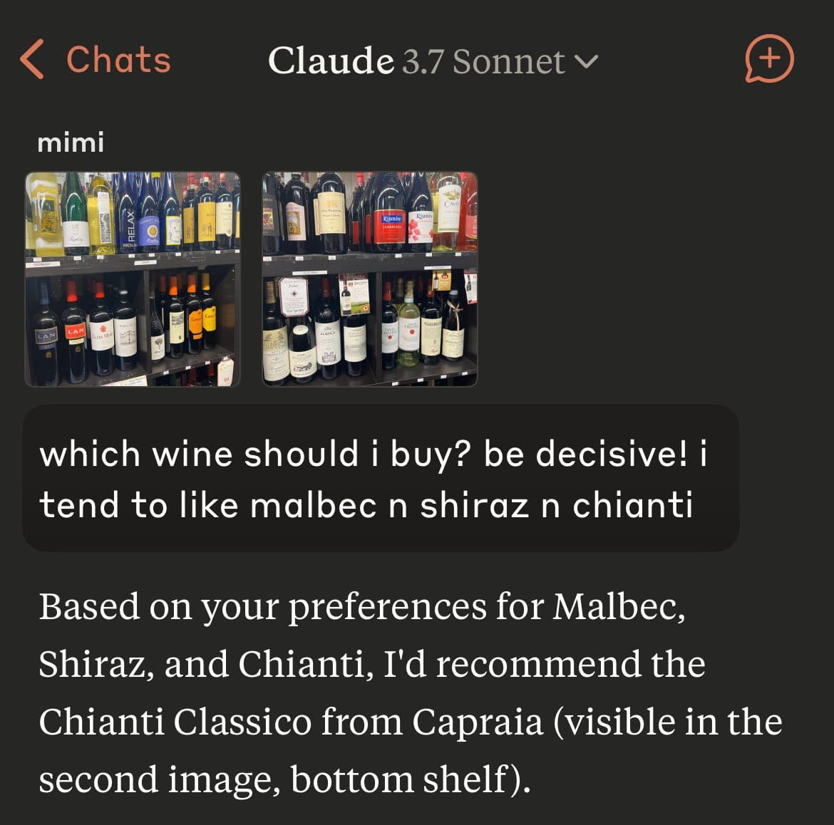 A screenshot of a mobile chat interface with 'Claude 3.7 Sonnet' showing a user asking for a wine recommendation based on two photos of store shelves. The AI responds by recommending a specific bottle of Chianti Classico.
