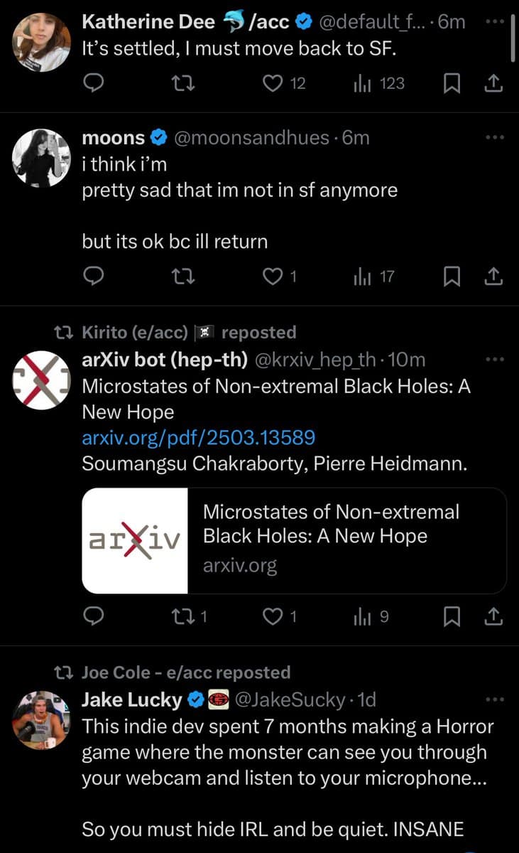 A screenshot of a Twitter (X) feed showing a thread of four posts. The tweets discuss moving back to San Francisco, a physics paper titled 'Microstates of Non-extremal Black Holes: A New Hope' posted by an arXiv bot, and a horror game that uses the user's webcam and microphone.