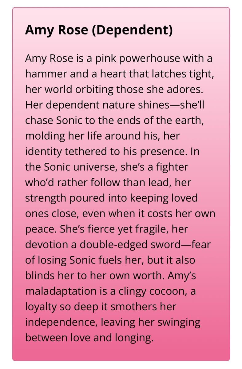A pink gradient text card with a white border containing a character description. The text is black and set in a sans-serif font.