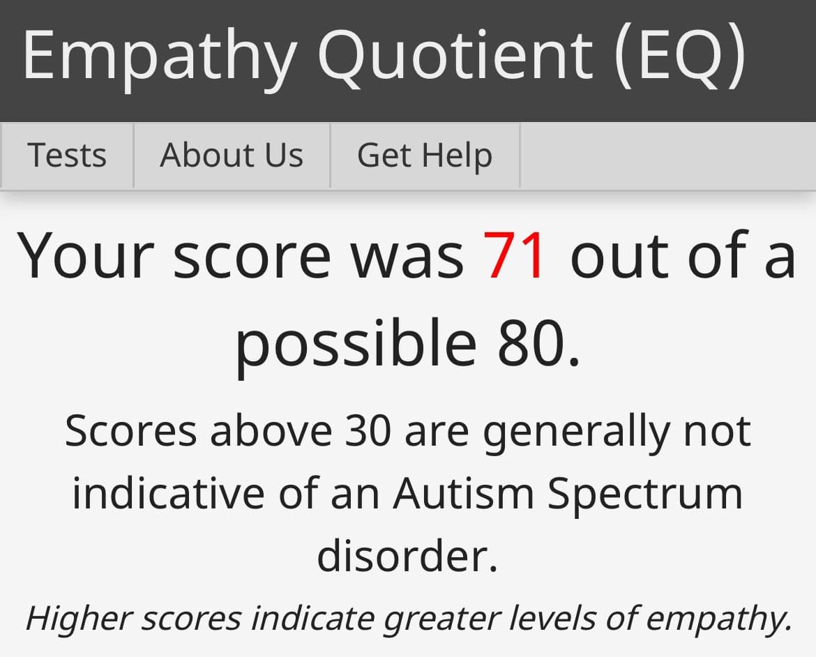 A screenshot of an online test result page titled 'Empathy Quotient (EQ)' showing a score of 71 out of 80, with a note that scores above 30 are generally not indicative of an Autism Spectrum disorder.
