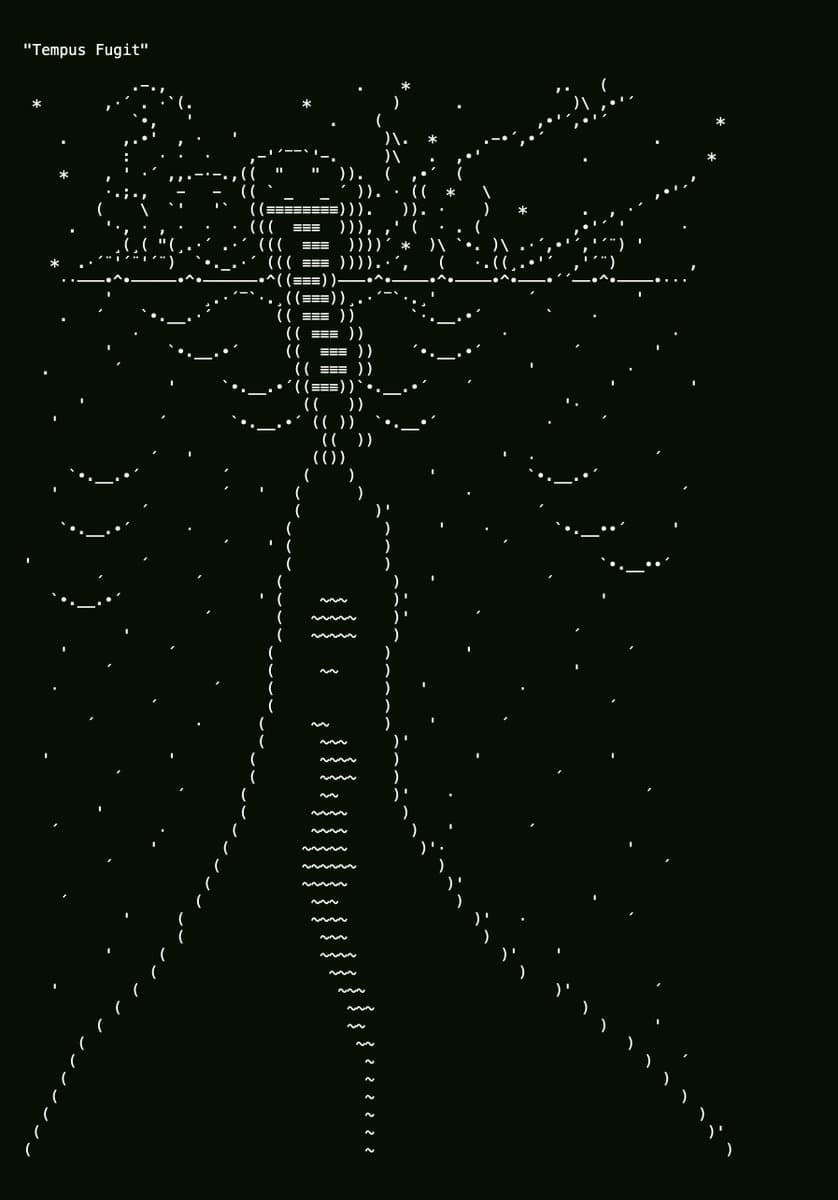A digital artwork titled "Tempus Fugit" featuring a figure composed of white ASCII characters and symbols against a black background. The figure has a humanoid shape with a long, flowing lower body and a head with a face-like arrangement of characters.