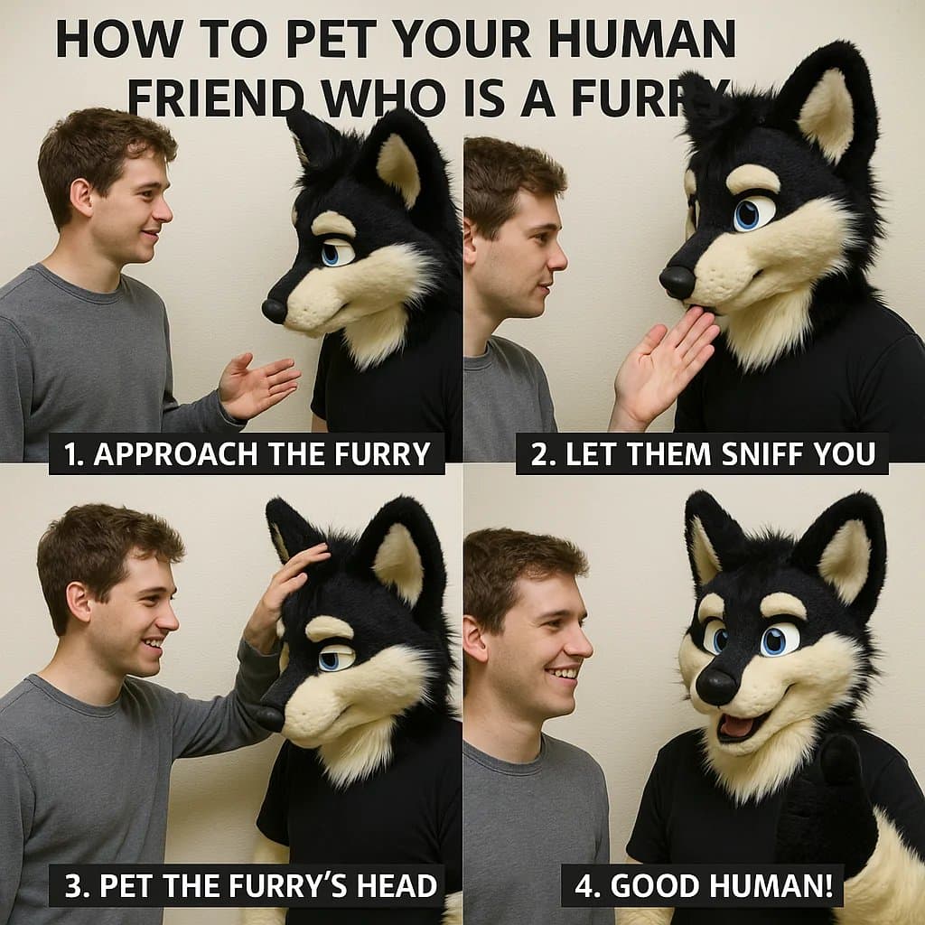 A four-panel meme titled 'HOW TO PET YOUR HUMAN FRIEND WHO IS A FURRY' showing a step-by-step guide to interacting with a person in a wolf fursuit.