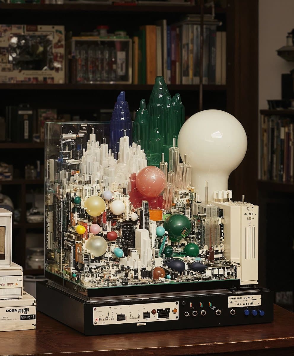 A detailed, custom-built electronic sculpture resembling a futuristic cityscape, constructed from circuit boards, capacitors, and colorful spheres, topped with a large white light bulb and crystal-like structures. The device sits on a black audio receiver unit in a room with bookshelves in the background.
