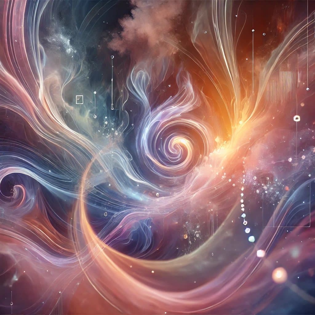 A vibrant, abstract digital artwork featuring swirling, ethereal ribbons of light in shades of orange, pink, blue, and white against a dark, nebula-like background. The composition includes a central spiral vortex and scattered glowing particles, creating a cosmic or energetic atmosphere.