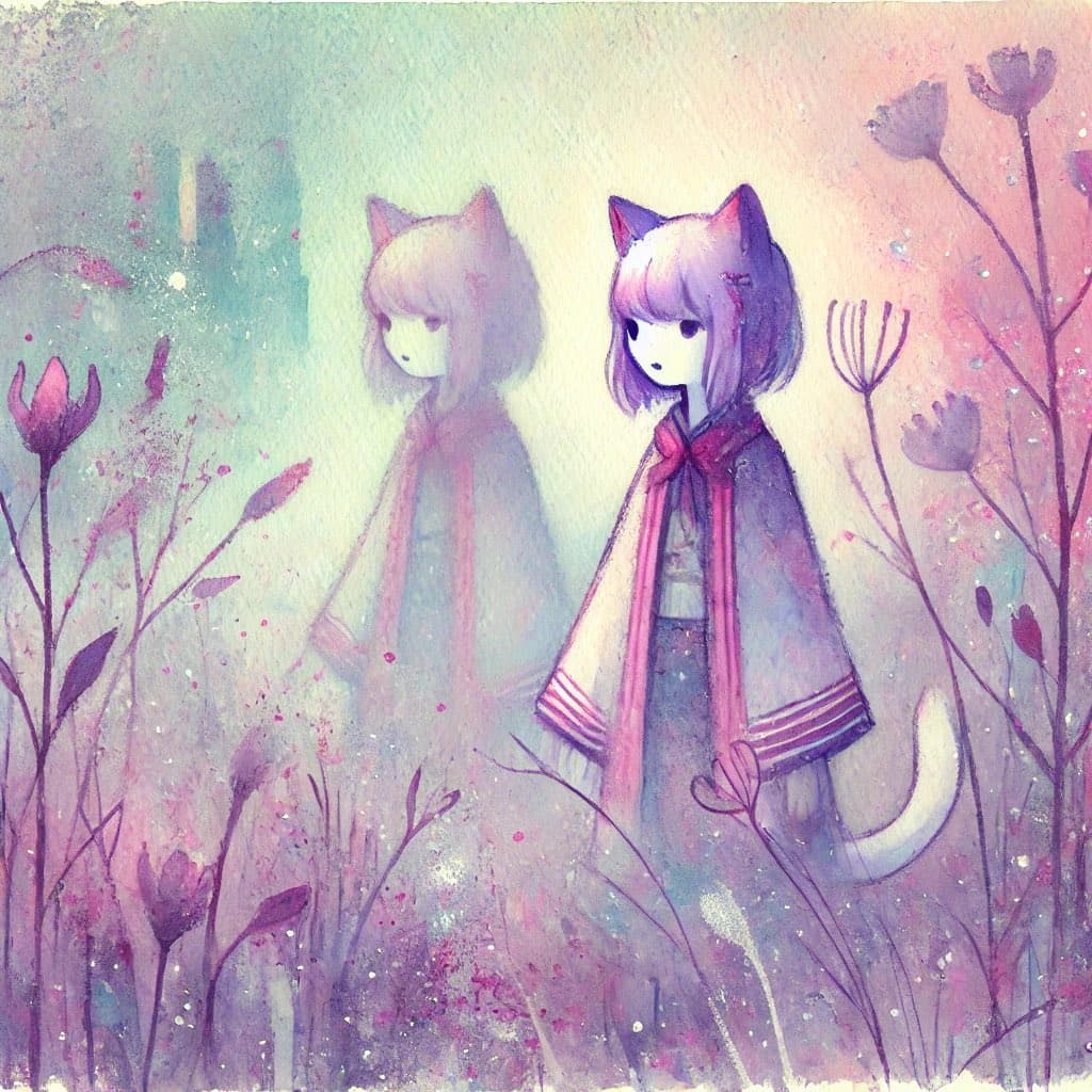 A watercolor illustration depicting two anime-style characters with cat ears and tails standing in a field of tall, purple flowers. The character in the foreground is in sharp focus, while the one behind is slightly blurred, set against a soft, pastel-colored background.