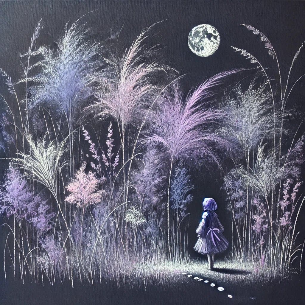 A digital illustration depicting a small figure with short hair standing in a field of tall, glowing purple and white grasses at night, looking up at a full moon in a dark sky.