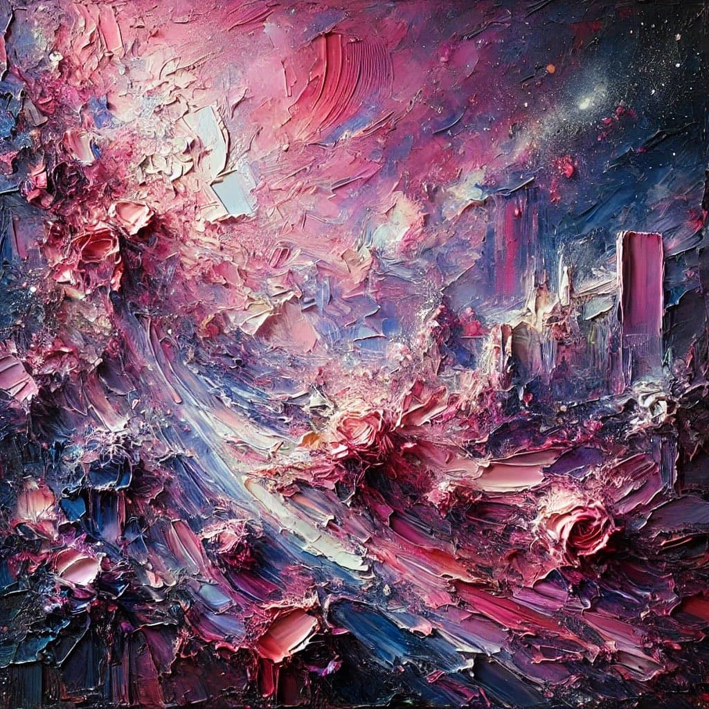 A thick, impasto-style abstract painting featuring heavy, textured brushstrokes in shades of pink, purple, and deep blue. The composition includes a prominent, sculpted rose-like form in the lower right corner and a starry, cosmic background in the upper right.