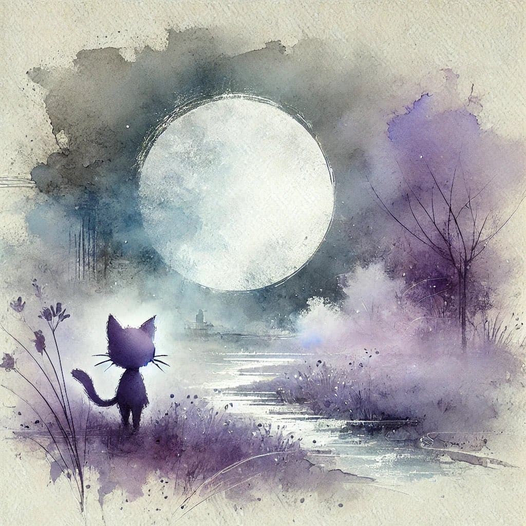 A watercolor illustration depicts a small, dark cat standing in a field of purple grass, gazing up at a large, glowing full moon in a misty night sky. The scene is rendered in soft shades of purple, blue, and white, creating a dreamy and ethereal atmosphere.