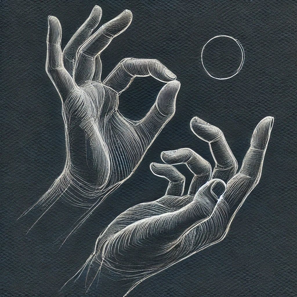 A white line drawing on a dark, textured background depicts two hands reaching toward each other, with a small circle floating above them.