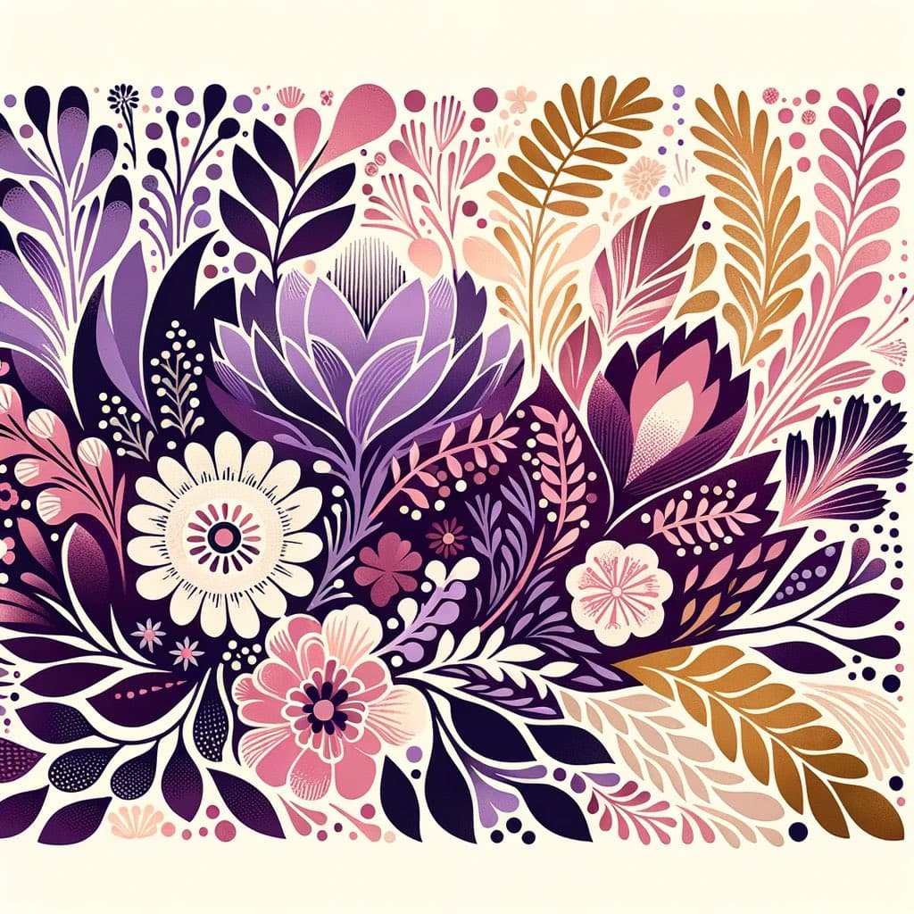 A stylized, flat-design illustration featuring a dense arrangement of flowers and foliage in shades of purple, pink, and gold against a cream background.