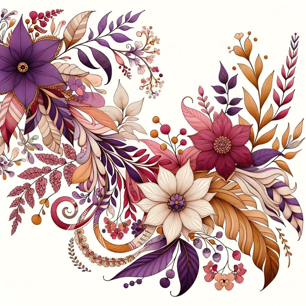 A detailed, stylized digital illustration of a floral arrangement featuring large purple, pink, and white flowers with intricate leaves and vines on a cream background. The artwork has a decorative, vector-like aesthetic with a warm color palette.