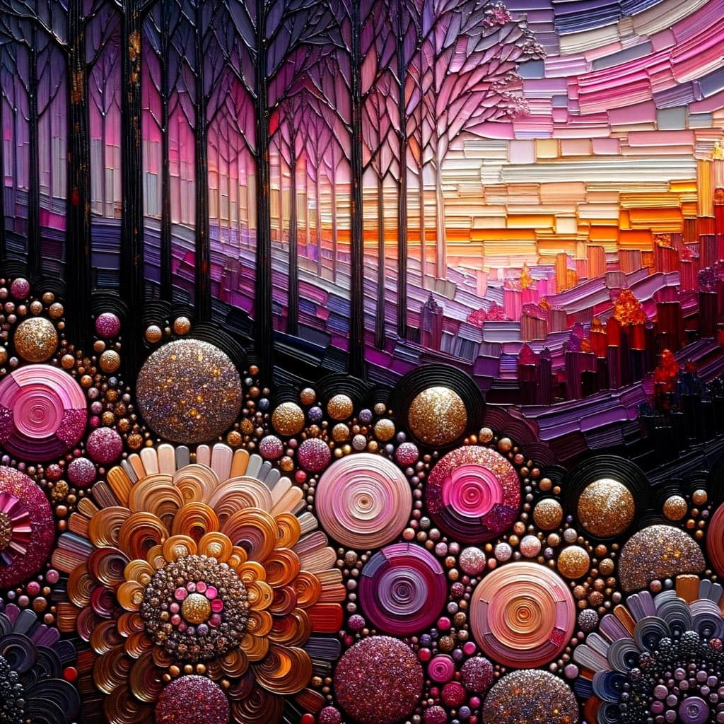A vibrant, abstract digital artwork featuring a stylized forest scene with tall, dark tree trunks against a gradient background of purple, pink, and orange hues. The foreground is filled with intricate, textured circular patterns resembling flowers and spheres in shades of gold, pink, and purple.