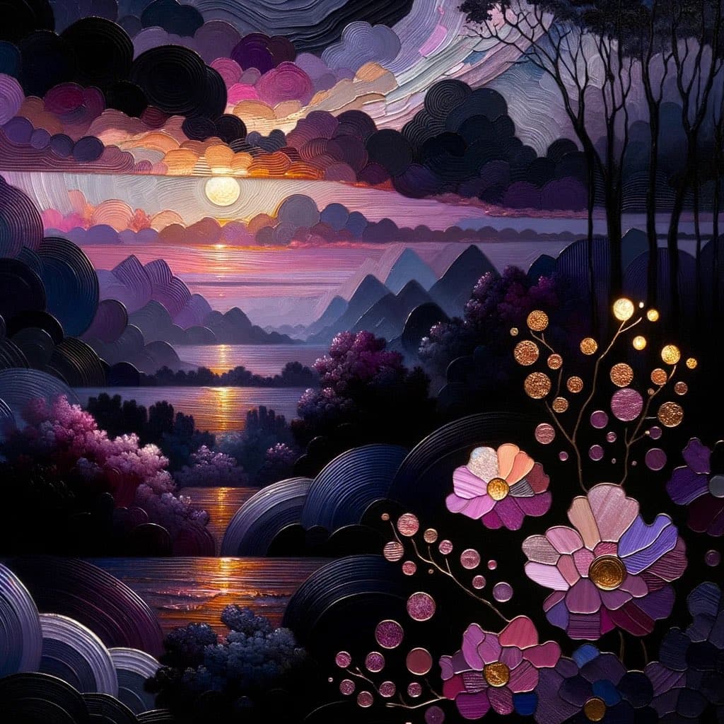 A stylized digital painting of a twilight landscape featuring a glowing moon, purple and pink clouds, and a body of water reflecting the light. The foreground is filled with large, textured flowers in shades of purple and pink, along with glowing, dotted plant stems.