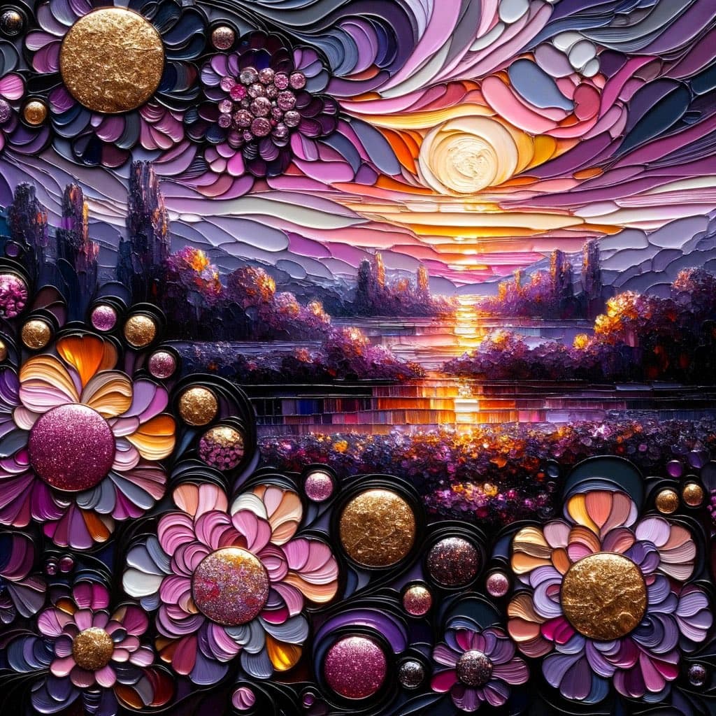 A vibrant, abstract digital artwork featuring a fantastical landscape with a glowing sunset, crystal formations, and large, ornate flowers with metallic gold and pink centers. The image has a highly textured, 3D-rendered style with swirling patterns in shades of purple, pink, and orange.