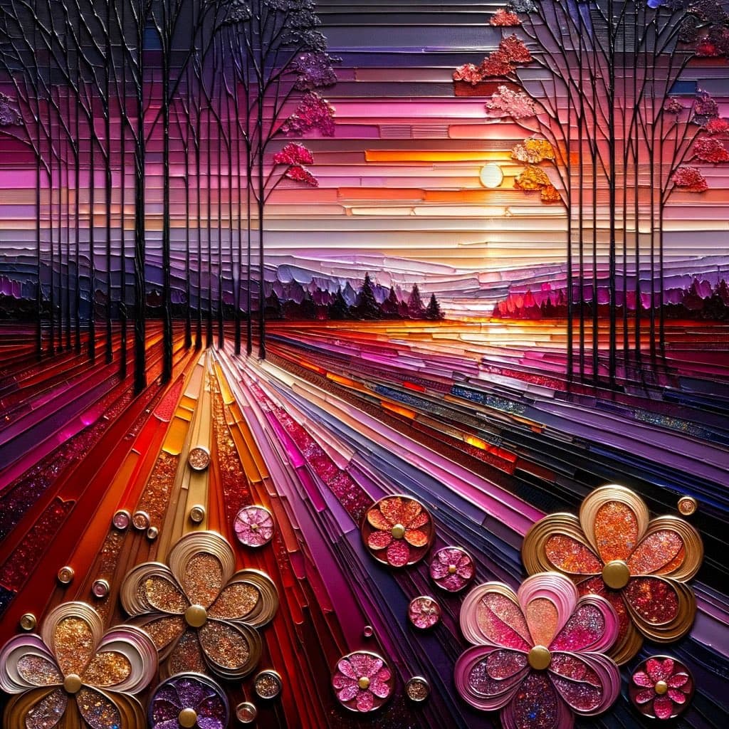 A vibrant, stylized digital artwork depicting a sunset landscape with a forest of bare trees and a field of large, glittering flowers. The scene is rendered with a layered, 3D paper-cut effect, featuring horizontal bands of color in the sky and ground that transition from deep purples to bright oranges and pinks.