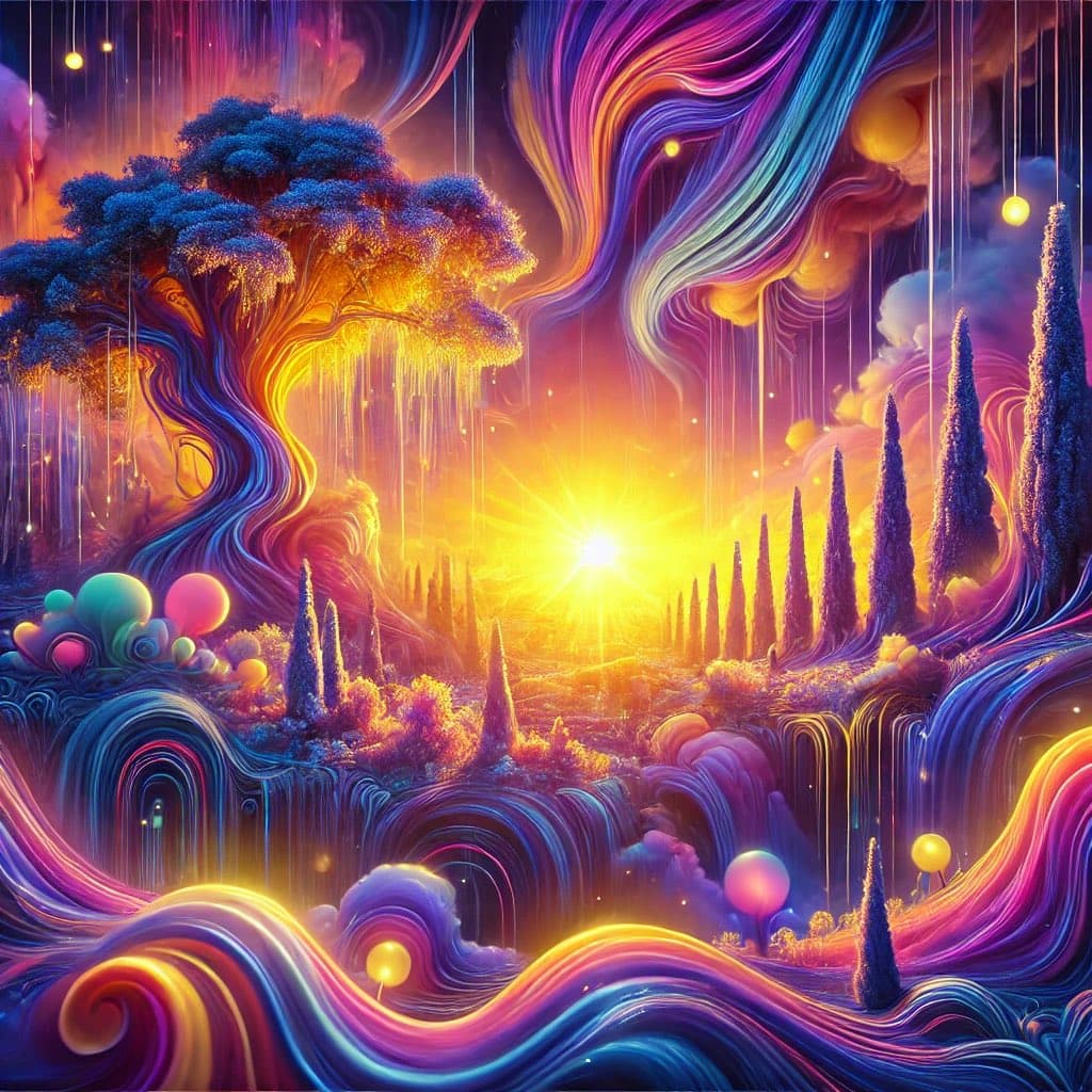 A vibrant, surreal digital artwork depicting a fantastical landscape with flowing, multicolored streams of light, glowing orbs, and stylized trees under a radiant sun. The scene features swirling patterns in shades of purple, blue, orange, and pink, creating a dreamlike atmosphere. The image appears to be an AI-generated or digitally painted piece of fantasy art.