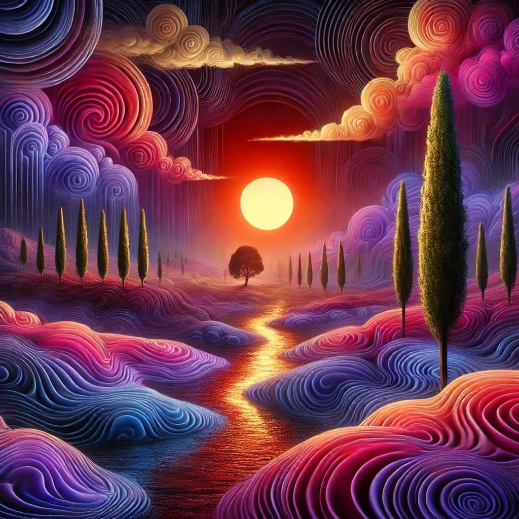 A surreal digital artwork depicting a vibrant, dreamlike landscape with a large, glowing sun on the horizon. The scene features rolling hills and clouds rendered in swirling, concentric patterns of purple, pink, and blue, with a winding, reflective path leading toward the sun and lined with tall, slender cypress trees.