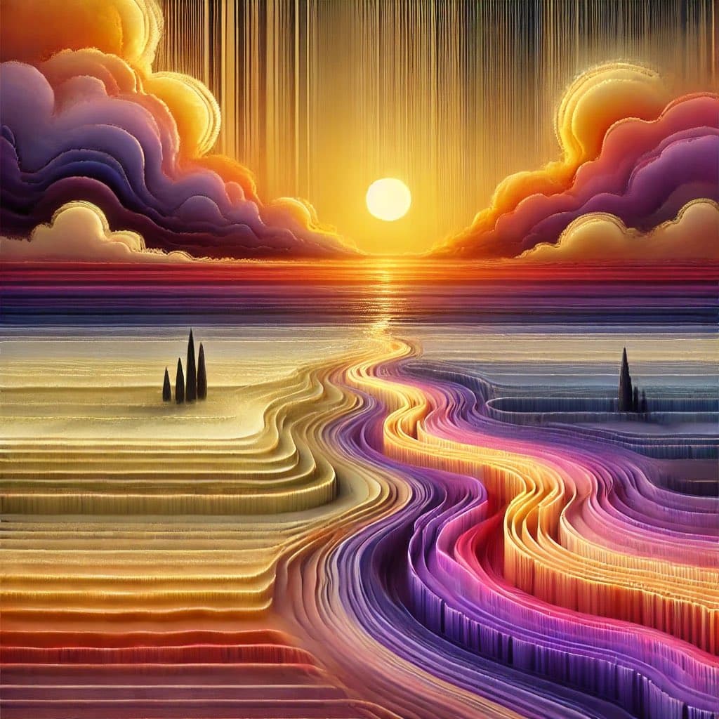 A surreal digital artwork depicting a vibrant, otherworldly landscape with a winding, multi-colored path leading toward a glowing sun on the horizon. The scene features stylized, layered clouds in shades of purple, orange, and pink, along with a rippling, terraced ground and small, dark spire-like structures.