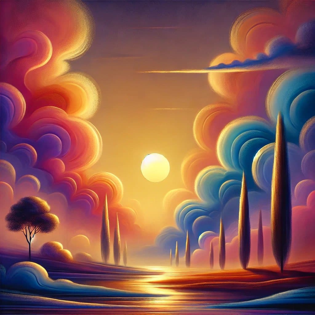 A digital painting of a surreal, dreamlike landscape featuring a bright sun on the horizon, a reflective body of water, and tall, slender trees. The sky is filled with large, stylized clouds in vibrant shades of orange, pink, and blue.