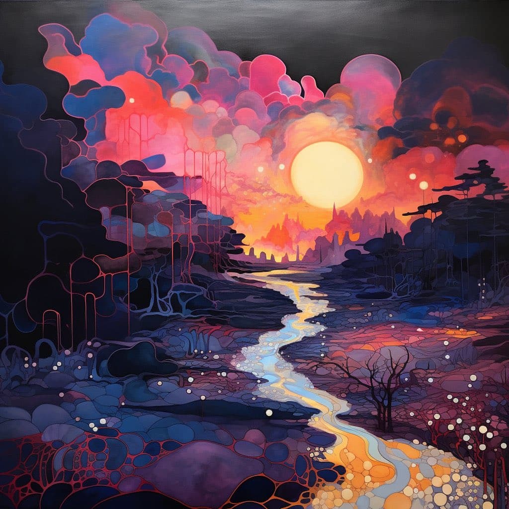 A digital fantasy landscape painting depicting a winding river flowing through a dark, rocky terrain toward a large, glowing sun on the horizon. The sky is filled with vibrant, stylized clouds in shades of pink, purple, and orange, while the foreground features textured, bubble-like ground patterns and silhouetted trees.