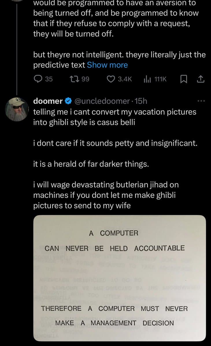 A screenshot of a Twitter thread featuring a tweet from user @uncledoomer. The tweet includes a photo of a printed document with text about computer accountability. The tweet text is a humorous rant about not being able to convert vacation pictures into Ghibli style, referencing 'butlerian jihad' and 'my wife'.