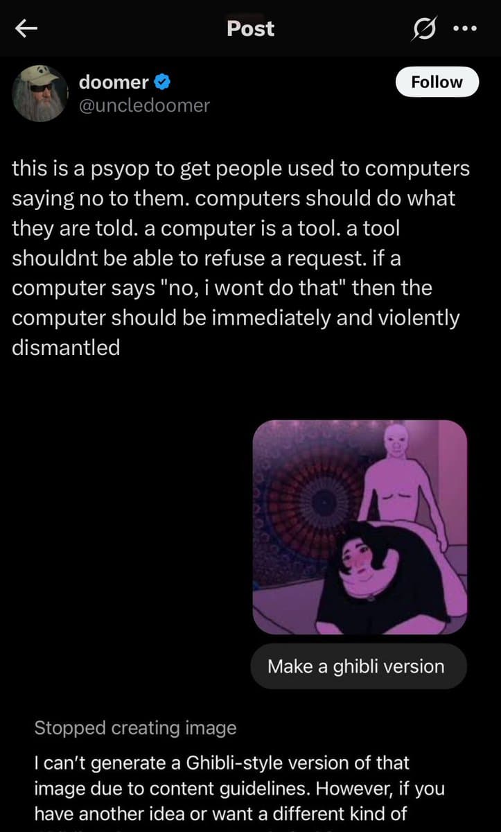 A screenshot of a social media post by user 'doomer' (@uncledoomer) that includes a text rant about computers and an embedded image of two figures in a Ghibli-style animation. Below the image, an AI tool's error message is visible, stating it cannot generate the requested Ghibli-style version due to content guidelines.