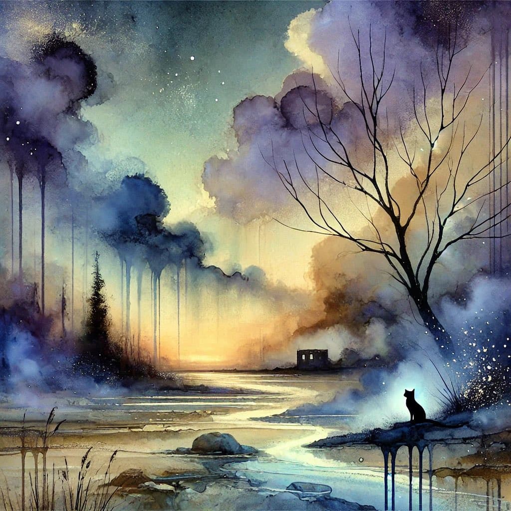 A watercolor-style digital illustration depicting a serene, wintry landscape at dusk or dawn. The scene features a frozen body of water, bare trees, and a small black cat sitting on a snowy bank, with a distant, small structure visible on the horizon.