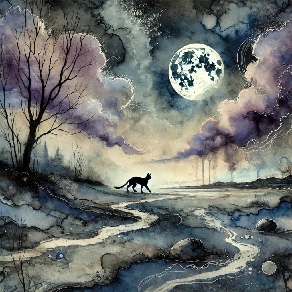 A watercolor-style illustration of a black cat walking across a rocky, moonlit landscape beneath a large full moon and swirling clouds. A bare tree stands on the left side of the scene.