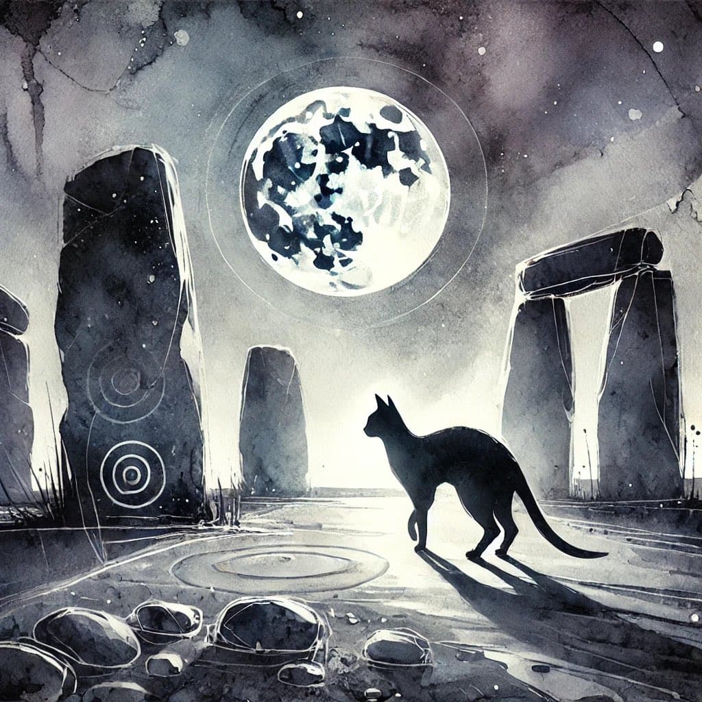 A watercolor-style illustration depicts a black cat silhouette standing on a stone path, looking up at a large, detailed full moon. The scene is framed by ancient, standing stones resembling a stonehenge circle, with a mystical, starry sky in the background.