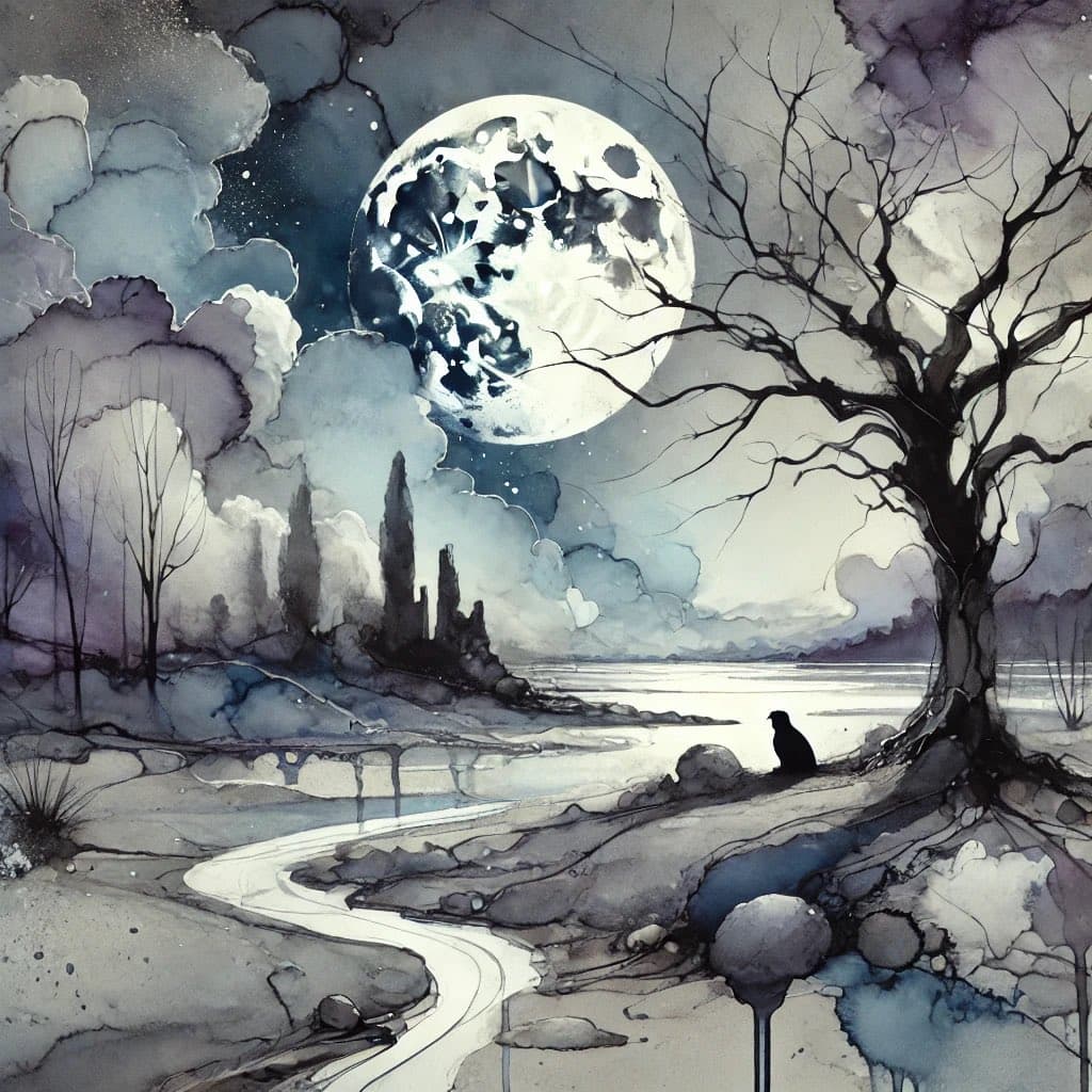 A watercolor-style illustration depicts a small black cat sitting on a rocky shore beneath a large, luminous full moon. The scene features a bare, gnarled tree on the right, a winding path, and a body of water reflecting the moonlight, all rendered in cool tones of blue, gray, and white.