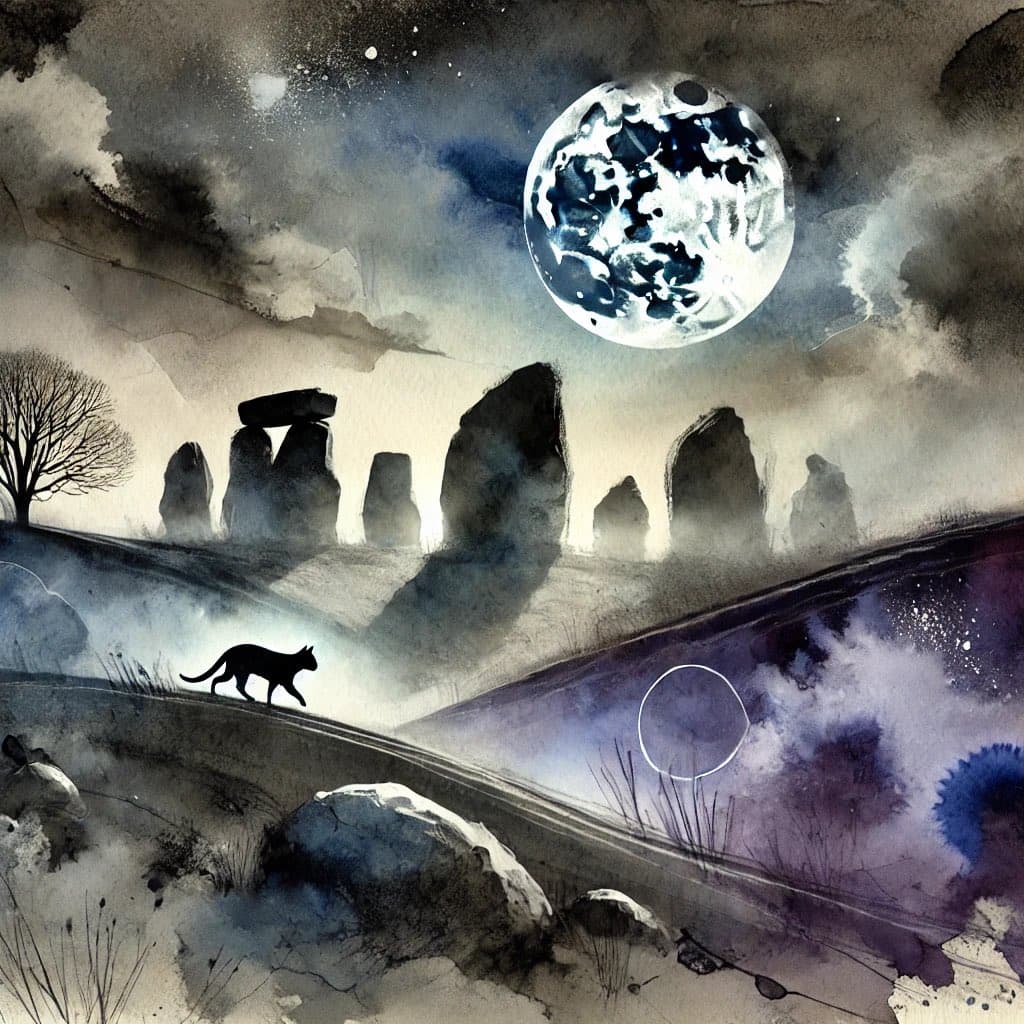 A watercolor-style illustration depicts a black cat walking along a path in a misty, moonlit landscape. A large, detailed full moon hangs in the cloudy sky above silhouetted stone formations and a bare tree.