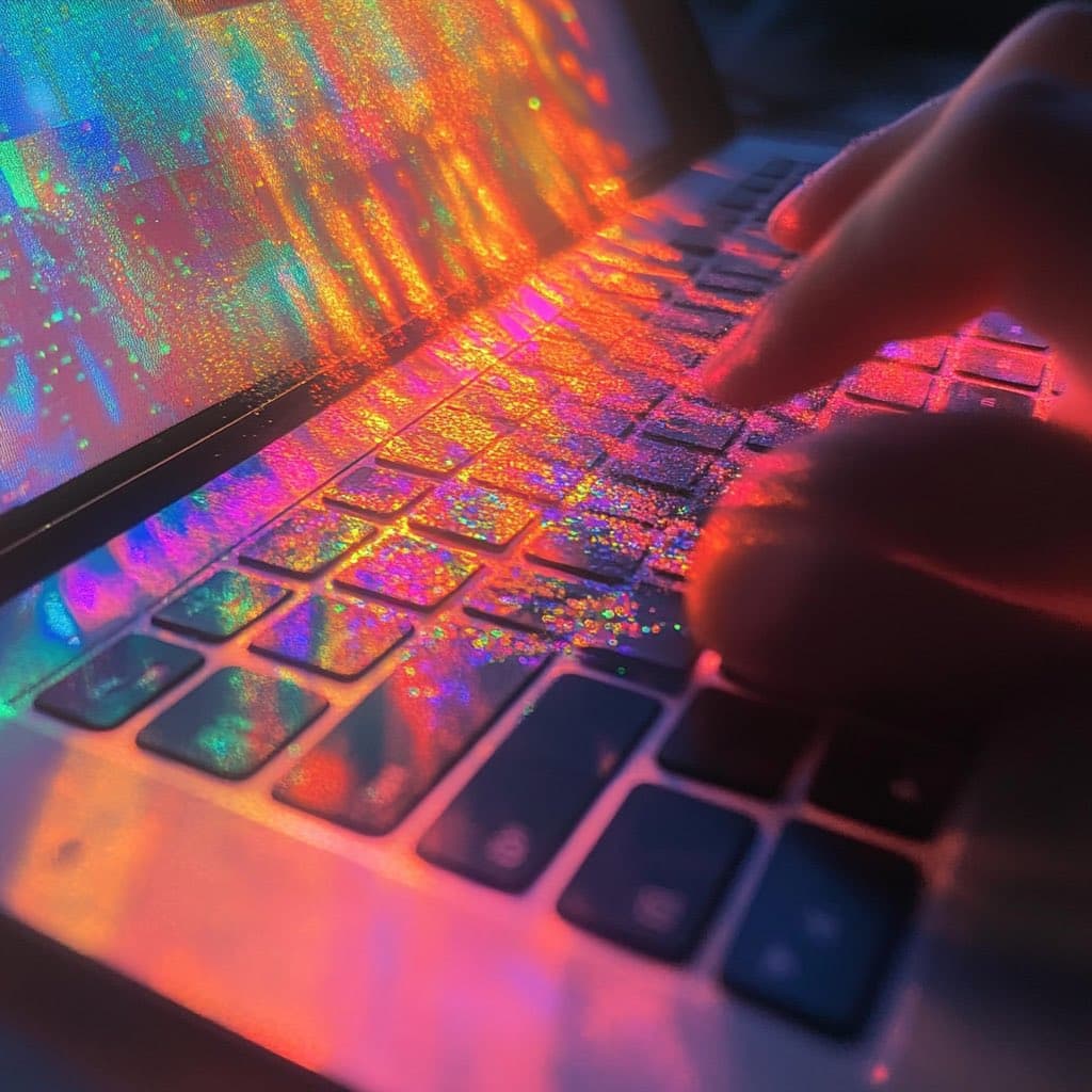 A close-up, stylized photograph of a person's hands typing on a laptop keyboard, illuminated by vibrant, multicolored digital light patterns that appear to spill from the screen onto the keys.
