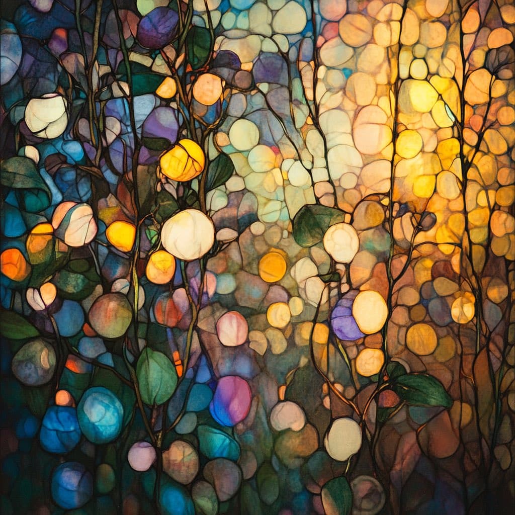 A digital artwork depicting a forest scene in a stained-glass style, featuring colorful, rounded shapes representing leaves and foliage against a backdrop of vertical, tree-like forms. The image uses a vibrant palette of blues, purples, yellows, and oranges, with dark lines outlining each segment to mimic leaded glass.