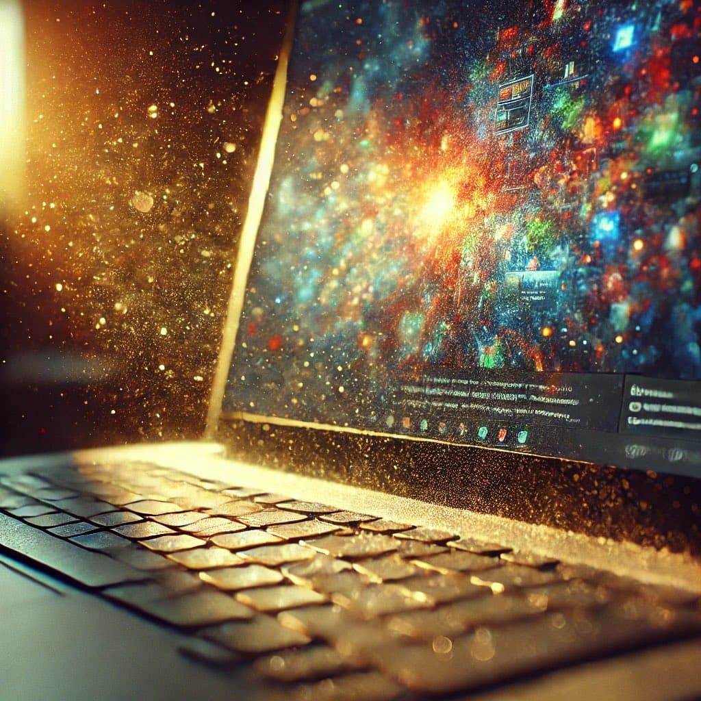 A close-up, low-angle shot of a laptop keyboard and screen displaying a vibrant, abstract digital image of a cosmic nebula with glowing particles. The scene is illuminated by warm, golden light, creating a futuristic and artistic aesthetic.