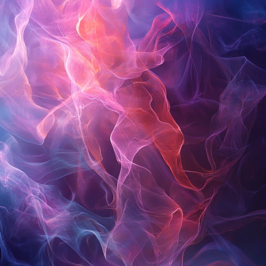An abstract digital image featuring swirling, translucent smoke-like forms in vibrant shades of pink, purple, and blue against a dark background. The ethereal wisps create a dynamic, flowing composition with glowing highlights.