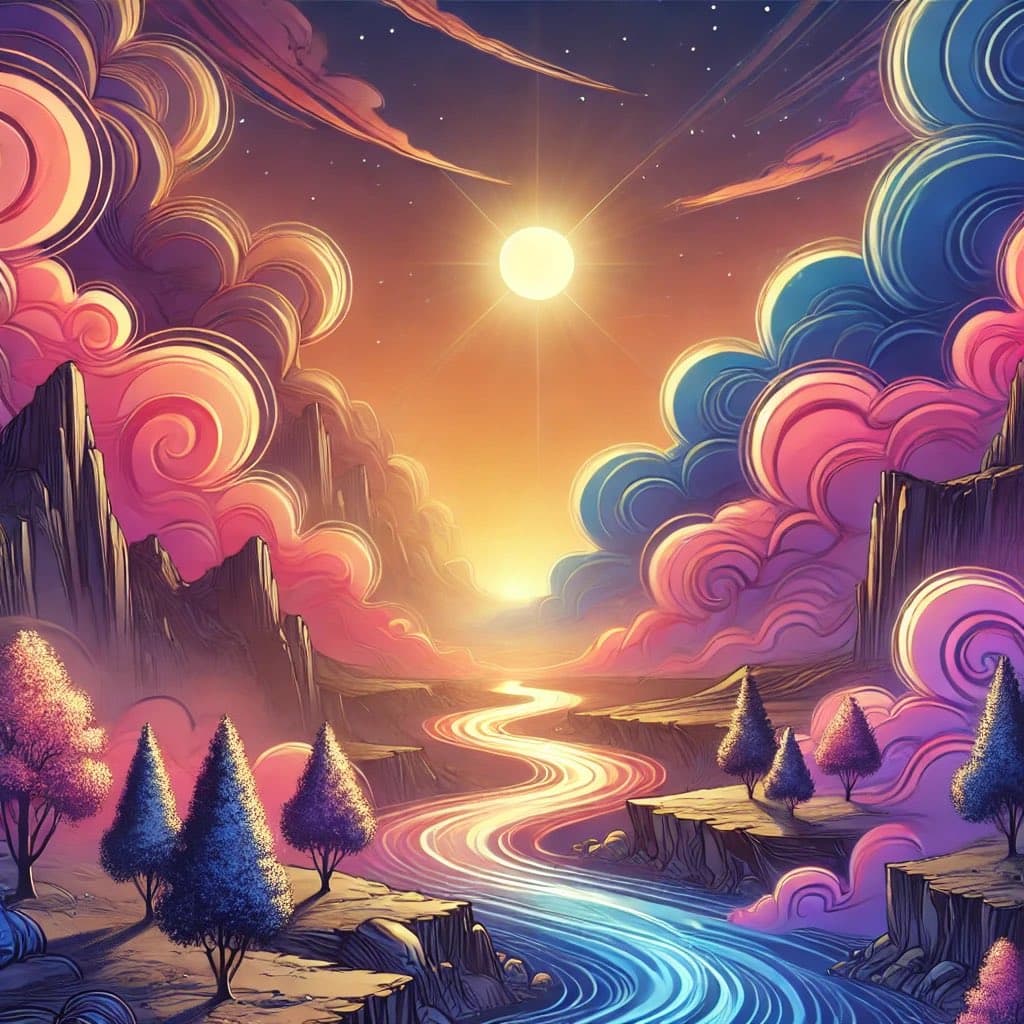 A stylized digital illustration in the style of Studio Ghibli, depicting a winding river flowing through a landscape of rocky cliffs and stylized trees under a vibrant sunset sky. The scene features swirling clouds in shades of pink, purple, and blue, with a bright sun shining in the center.
