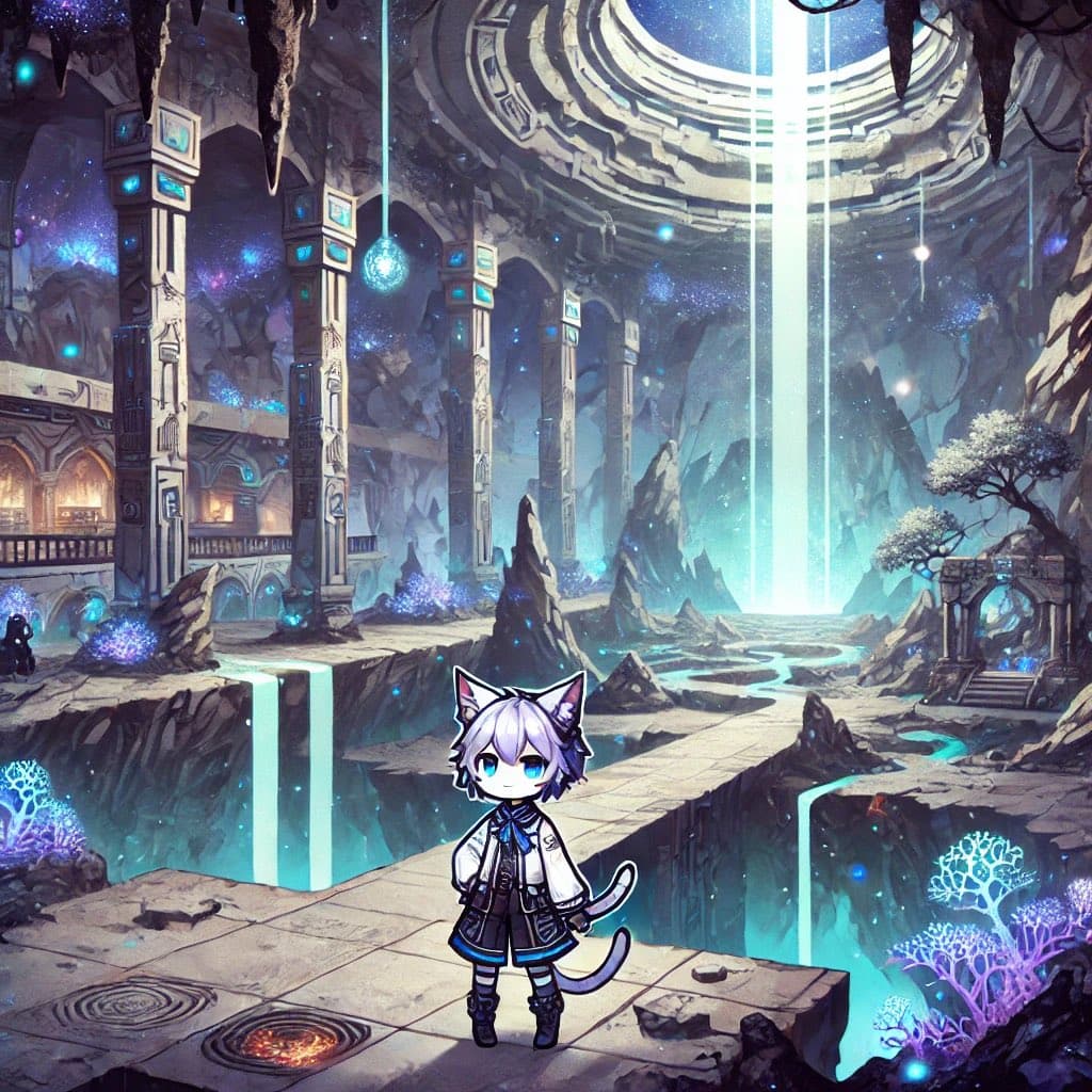A digital illustration of a chibi-style catgirl character with white hair and cat ears standing on a stone platform in a vast, fantastical cavern. The background features towering ancient pillars, glowing blue crystals, waterfalls, and a bright beam of light descending from a circular opening in the ceiling, creating a mystical atmosphere.
