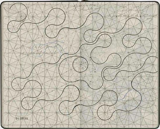 A photograph of an open sketchbook page featuring a geometric grid pattern with hand-drawn, looping, figure-eight-like shapes overlaid on the left and right pages.