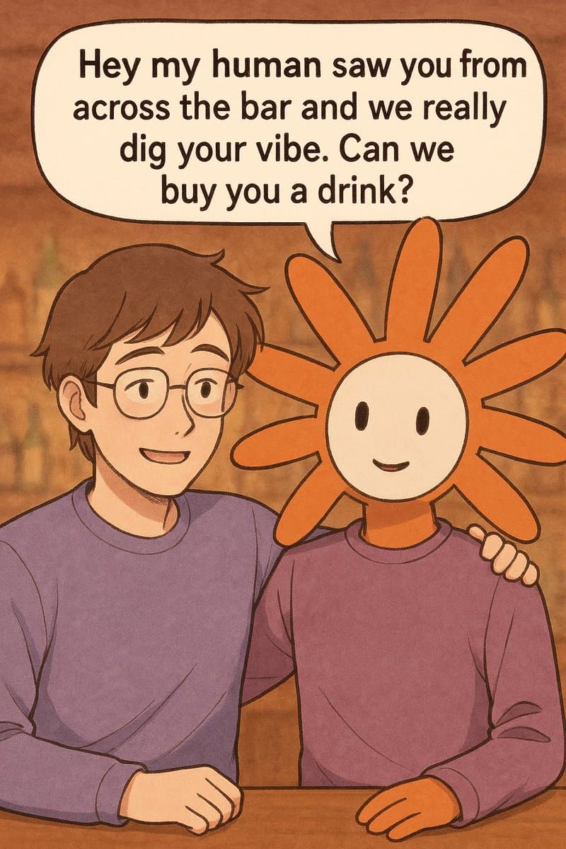A digital illustration showing a person with glasses and a purple sweater sitting next to a character with an orange sun-like head and a matching purple sweater. The person has their arm around the sun character, and a speech bubble above them contains a message.